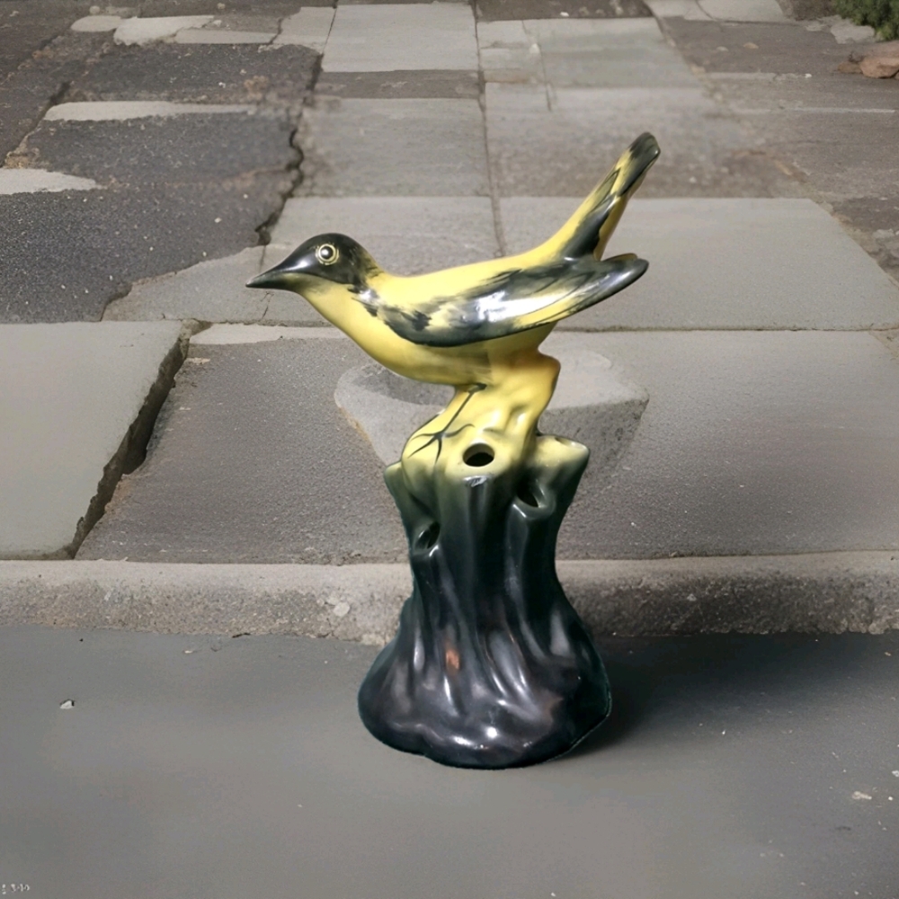 Vintage German Porcelain Pottery Yellow & Black Bird Flower Frog *REPAIR*